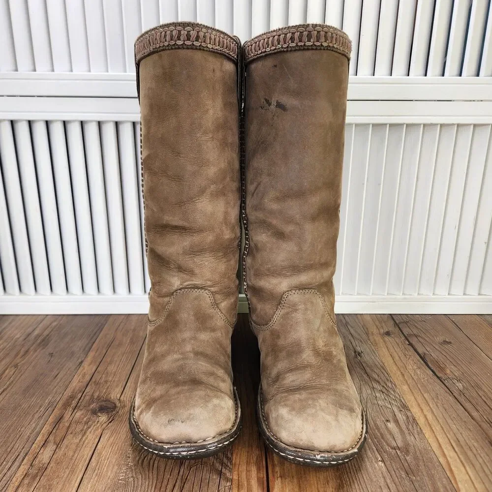 UGG 5139 Swell Tall Leather Sheepskin Lined Boots Womens Sz 9 Brown Winter Boho